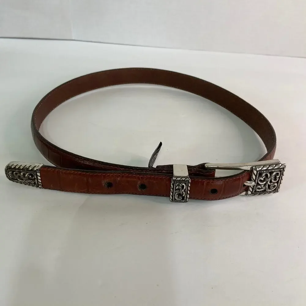 Brighton Leather Belt Womens Size Small‎ 28 Brown Embossed Silver Tone Hardware